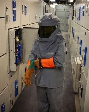 An employee in and arc suit